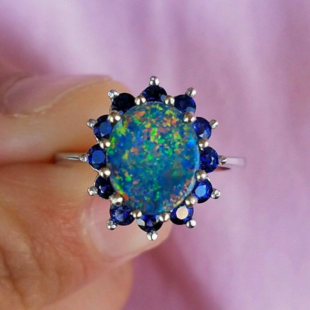 Australian Black Opal Natural Blue Sapphire Ring